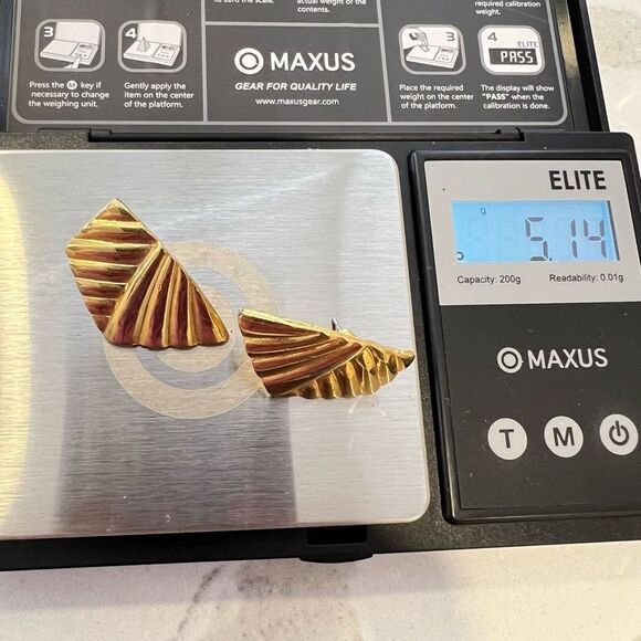 Fabergé Stamped | Retro 80s Gold Tone Fan Earrings Vintage Geometric Old Money - Picture 2 of 4